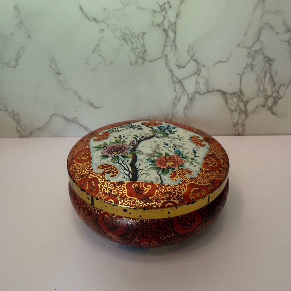 Vintage Daher Orange & Gold Floral Round Tin Made in England